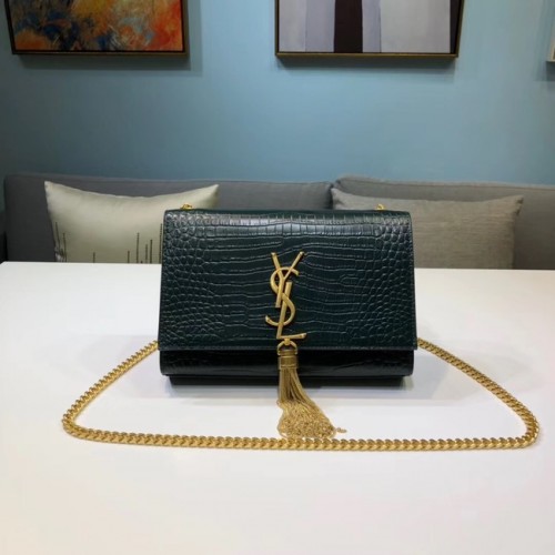 Geantă de umăr SAINT LAURENT Kate din piele cu relief crocodil 474366 Verde negricios