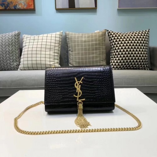 Geantă de umăr din piele cu relief crocodil SAINT LAURENT Kate 474366 neagră