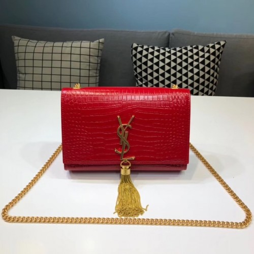 Geantă de umăr din piele cu relief crocodil SAINT LAURENT Kate 474366 roșie