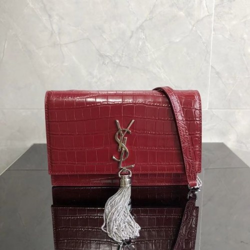 SAINT LAURENT Geantă crossbody Kate din piele cu relief de crocodil 452159 Roșu Jujube
