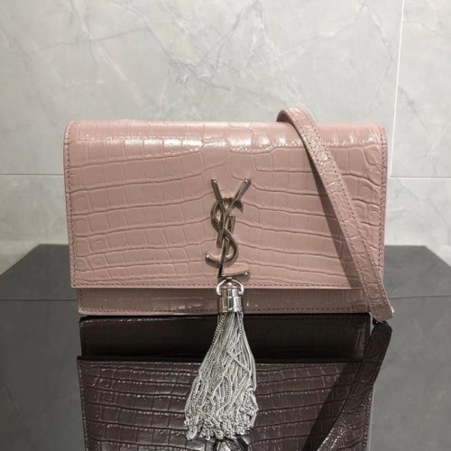 SAINT LAURENT Geantă crossbody Kate din piele cu relief de crocodil 452159 Roz