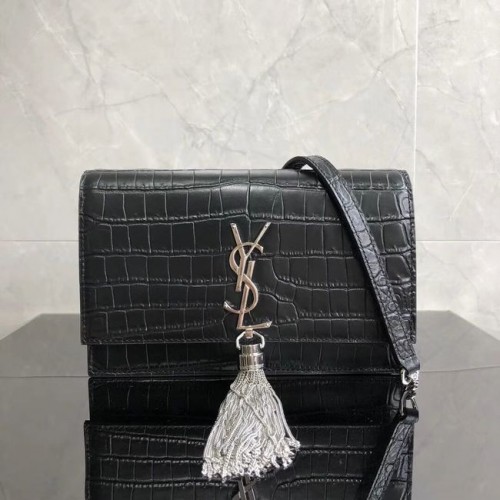 SAINT LAURENT Geantă crossbody Kate din piele cu relief de crocodil 452159 neagră