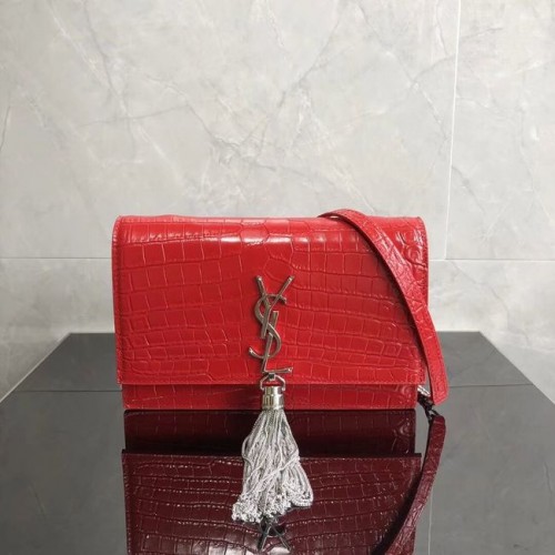 SAINT LAURENT Geantă crossbody Kate din piele cu relief de crocodil 452159 roșie