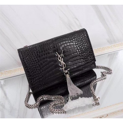 SAINT LAURENT Geantă de umăr medie Kate din piele cu monogramă și relief de crocodil 9288 neagră
