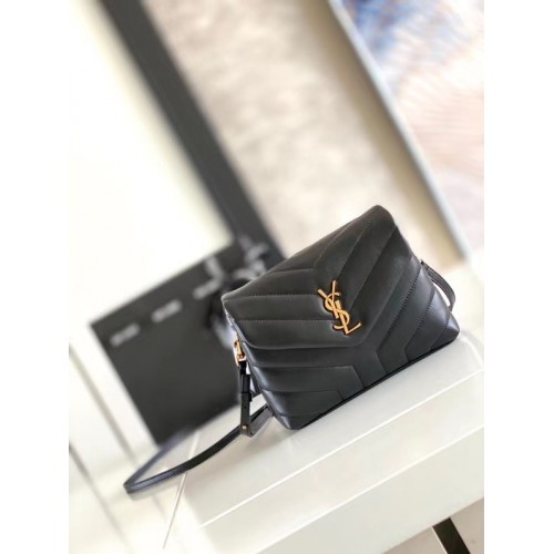 SAINT LAURENT LOULOU MIC DIN PIELE MATELASSE 467072 NEGRU ȘI BRONZ CU FERONERIE METALICĂ