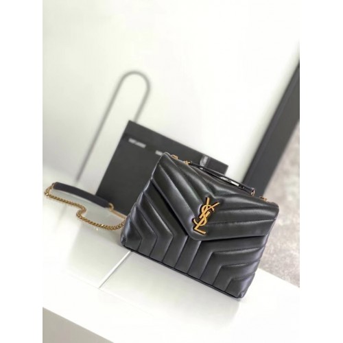 SAINT LAURENT LOULOU MIC DIN PIELE MATELASSE 494699 NEGRU ȘI BRONZ CU FERONERIE METALICĂ