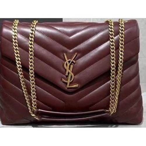 SAINT LAURENT Geantă de umăr medie din piele matlasată Loulou Monogram 74558 Wine Gold Hardware