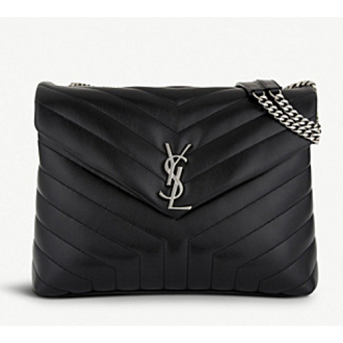 SAINT LAURENT Geantă de umăr medie din piele matlasată Loulou Monogram 74558 neagră