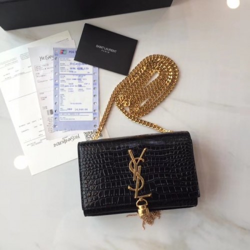 SAINT LAURENT Geantă de umăr mică din piele cu imprimeu de crocodil Monogram Kate 354120 Negru