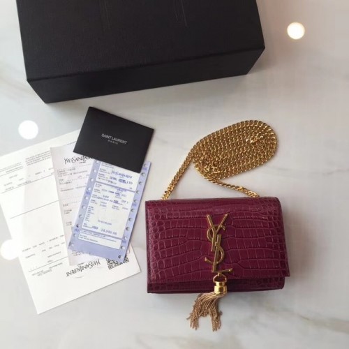 Geantă de umăr mică SAINT LAURENT Monogram Kate din piele cu relief de crocodil 354120 fuchsia