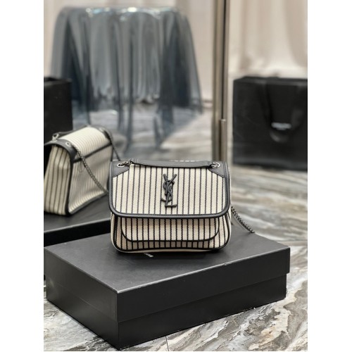 SAINT LAURENT GEANTĂ MICĂ NIKI CU LANȚ DIN PÂNZĂ 633151 CREM ȘI NEGRU