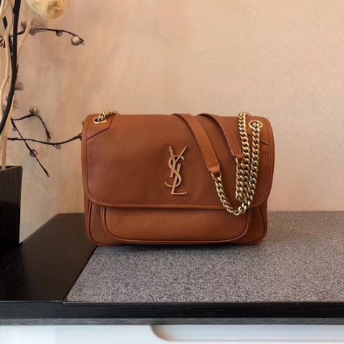 SAINT LAURENT Geantă de umăr medie din piele cu monogramă Niki 504865 Camel