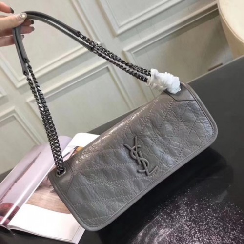 SAINT LAURENT Geantă de umăr mică din piele cu monogramă Niki 504866 gri