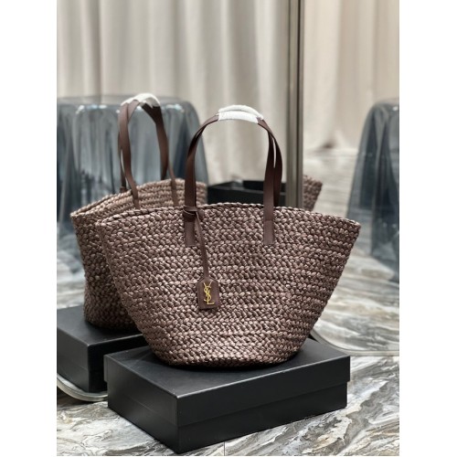 SAINT LAURENT PANIER MEDIE GEANTĂ DIN RAFIE 693242 Cafea
