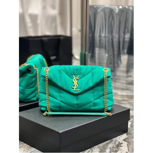 SAINT LAURENT PUFFER MICĂ CU LANȚ DIN DENIM ȘI PIELE NETEDĂ 577476 verde