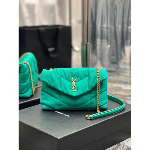 SAINT LAURENT PUFFER TOY BAG DIN PÂNZĂ ȘI PIELE NETEDĂ 620333 verde