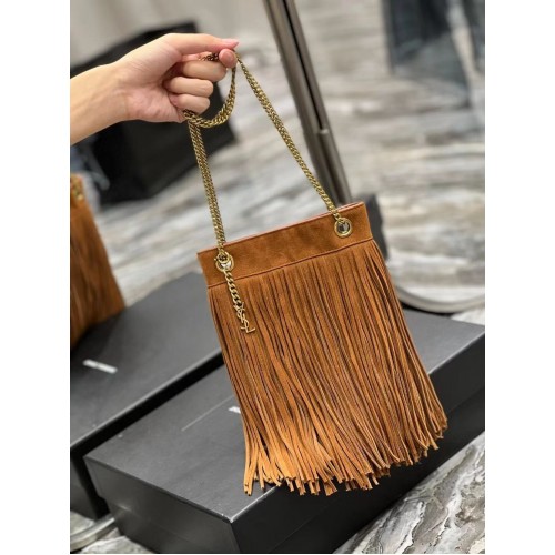 SAINT LAURENT GEANTĂ MICĂ CU LANȚ DIN PIELE ÎNTOARSĂ DESCHISĂ ȘI FRANJURI 683378 maro