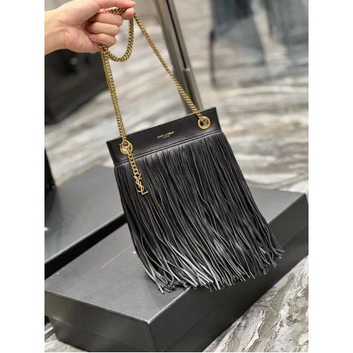 SAINT LAURENT GEANTĂ MICĂ CU LANȚ DIN PIELE NETEDĂ CU FRANJURI 683378 NEGRU
