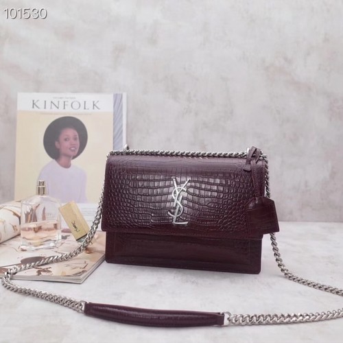 Geantă de umăr SAINT LAURENT Sunset din piele cu relief crocodil 442906 Burgundy