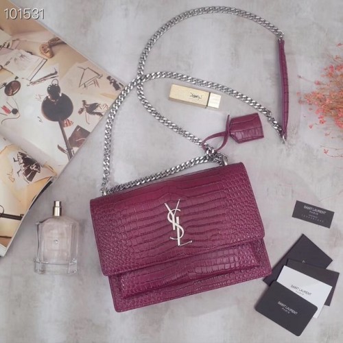 Geantă de umăr SAINT LAURENT Sunset din piele cu relief crocodil 442906 roz