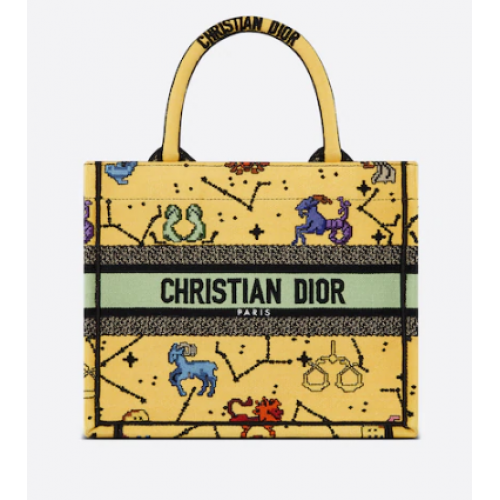 Geantă mică Dior Book Tote, galbenă și multicoloră, broderie cu pixeli zodiacali M1265ZRTY