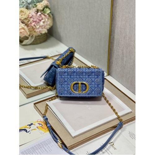 GEANTĂ MICĂ DIOR CARO Broderie Macrocannage Tweed M9241 ALBASTRU