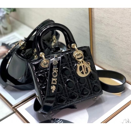 Geantă mică LADY DIOR, piele de vițel neagră lăcuită M0531 Negru