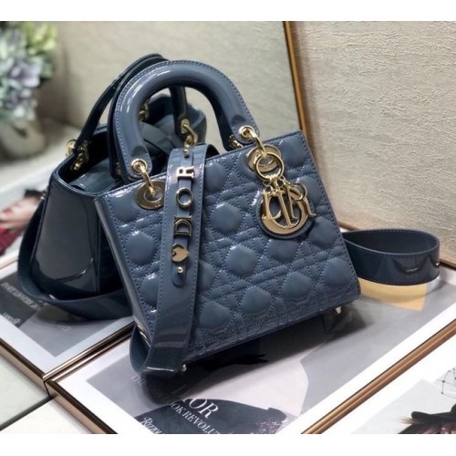 GEANTĂ MICĂ LADY DIOR Piele de vițel albastră lăcuită M0531 Albastră
