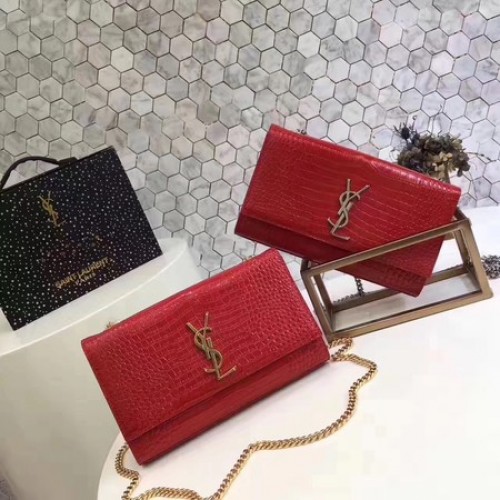 Geantă de umăr mini Saint Laurent din piele croco Y2811 roșie