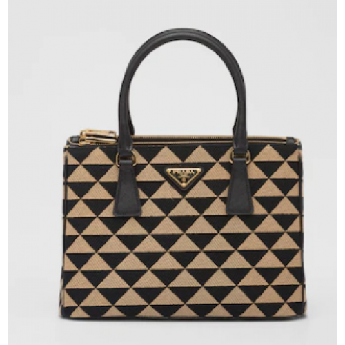 Geantă mică Prada Galleria din material jacquard 1BA863 Negru și bej