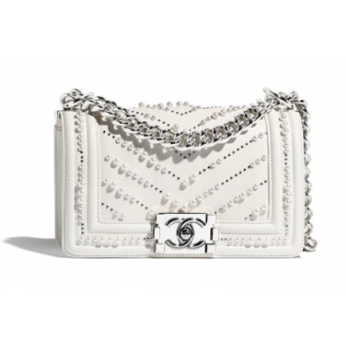 Geantă mică cu clapă Channel pentru băieți A67085 albă