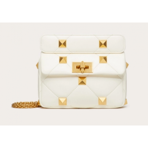 Geantă mică din piele de oaie VALENTINO GARAVANI ROMAN STUD 1W2B0L04 albă