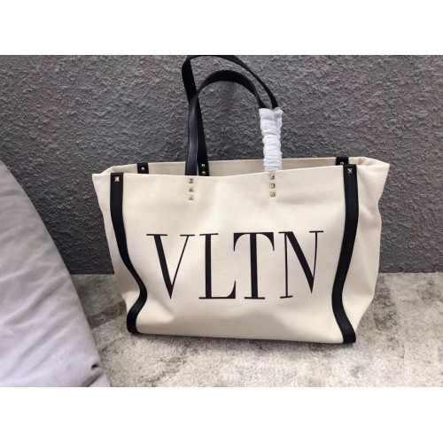 Geantă de cumpărături din pânză VALENTINO Rockstud V0978 Alb-negru
