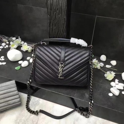 Geantă YSL Classic Monogramme din piele neagră cu clapă Y392737 argintie