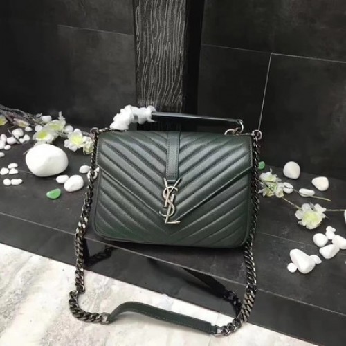 Geantă YSL Classic Monogramme din piele verde cu clapă Y392737 argintie