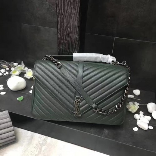 Geantă YSL Classic Monogramme din piele verde cu clapă Y392738 argintie