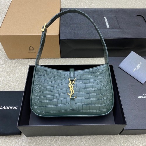 Geantă YSL LE 5 A 7 HOBO din piele strălucitoare cu relief de crocodil Y687228 verde negricios