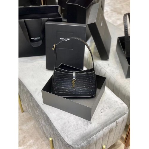 Geantă YSL LE 5 A 7 HOBO din piele strălucitoare cu relief de crocodil Y687228 neagră