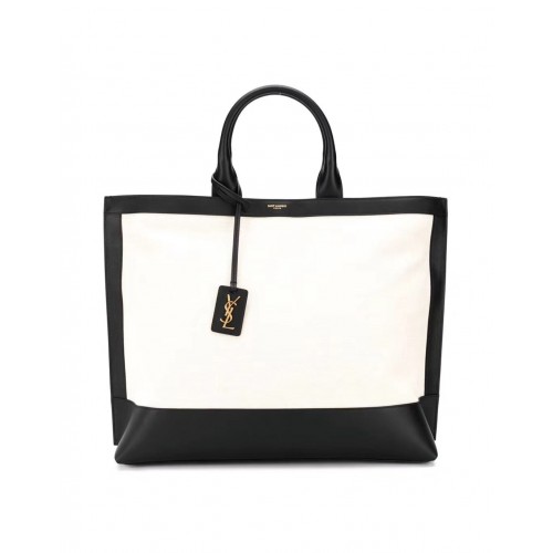 Yves Saint Laurent ETICHETĂ DE CUMPĂRĂTURI DIN PÂNZĂ ȘI PIELE Y615719 alb-negru
