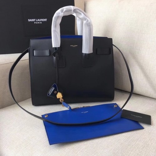 Geantă Yves Saint Laurent Classic Sac De Jour din piele netedă Y398709 Negru și albastru