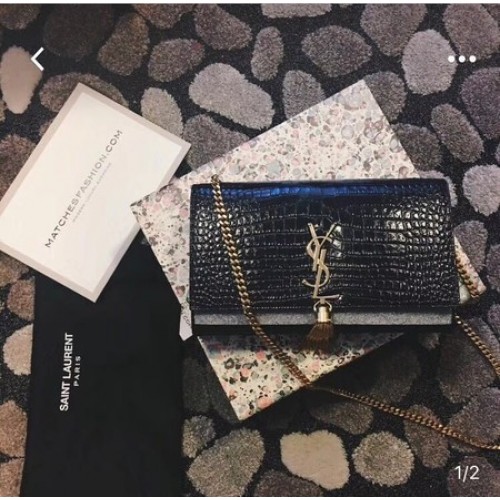 Geantă de umăr din piele de crocodil Yves Saint Laurent 1456 Negru și auriu