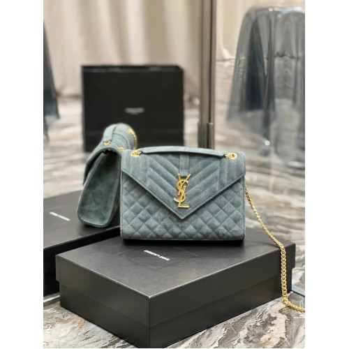 Yves Saint Laurent GEANTĂ MEDIE ENVELOPE DIN MIX MATELASSE SUEDE 487206 albastră