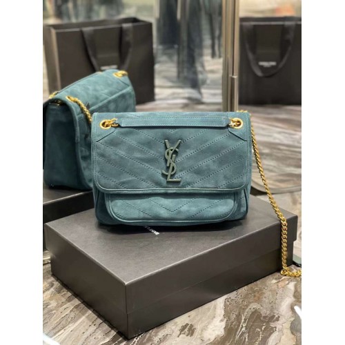 Yves Saint Laurent GEANTĂ MEDIE ENVELOPE DIN PIELE ÎNTOARSĂ MATLASATĂ Y498004 albastră