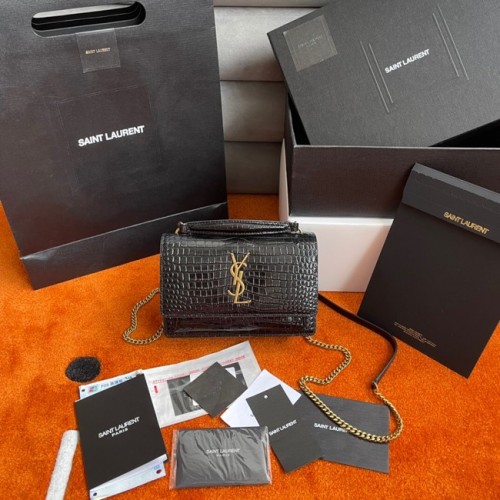 Yves Saint Laurent Geantă mică Sunset cu lanț din piele strălucitoare cu relief de crocodil Y533036A Negru