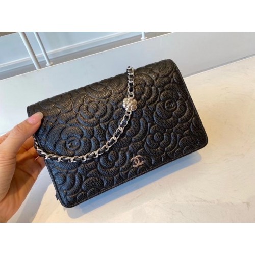 Clutch clasic Chanel cu lanț din piele de miel, metal argintiu AP3317 negru