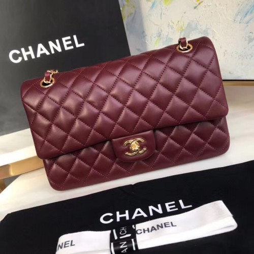 Geantă Chanel clasică din piele de miel, auriu, metal A01112, vișinie
