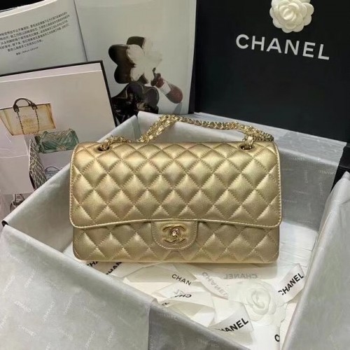 Geantă Chanel clasică din piele de miel, auriu, metalic, A01112, auriu