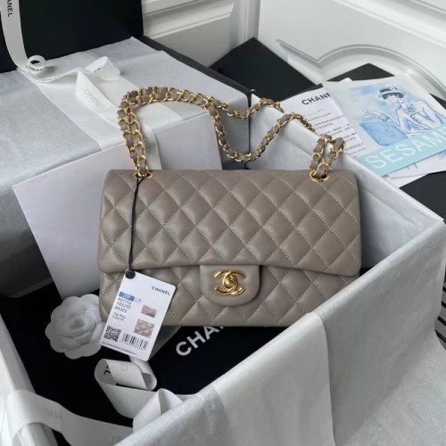 Geantă Chanel clasică din piele de miel, auriu, metalic, A01112 gri