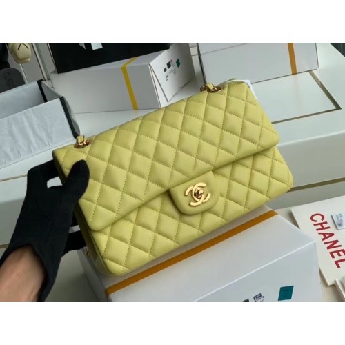 Geantă Chanel clasică din piele de miel, auriu, metalic, A01112, lămâie