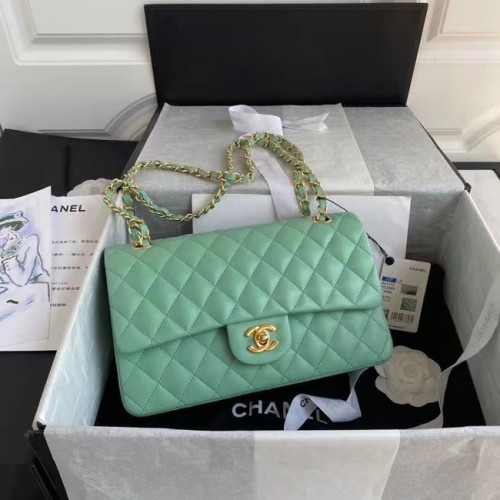 Geantă Chanel clasică din piele de miel, auriu, metalic, A01112 verde deschis